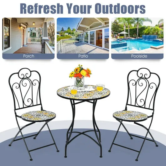 2-Piece Mosaic Folding Bistro Chairs with Ceramic Tiles Seat