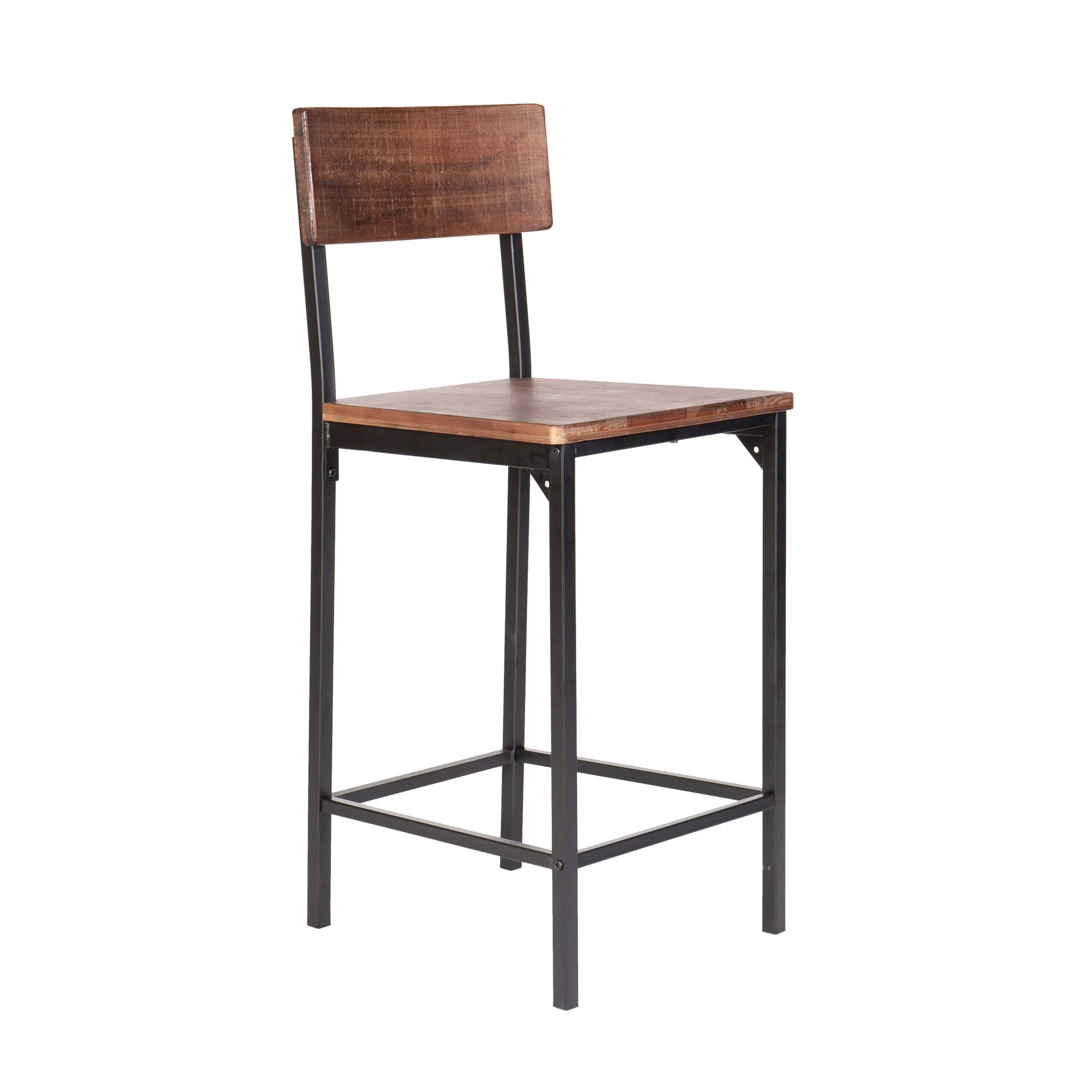 25 Inch Counter Stool Chairs, Set of 2, Brown Wood Seat & Back, Black Metal Legs By Casagear Home
