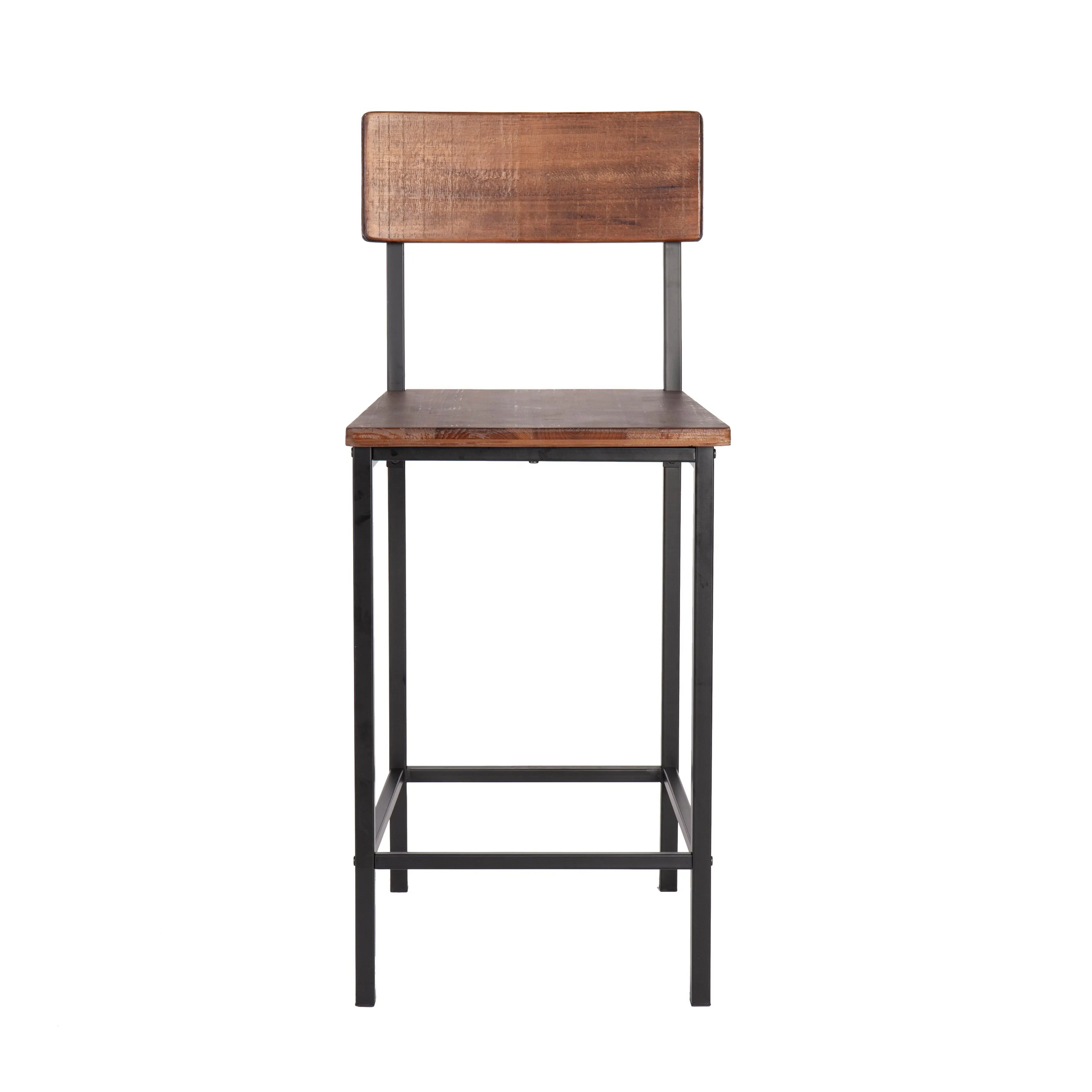 25 Inch Counter Stool Chairs, Set of 2, Brown Wood Seat & Back, Black Metal Legs By Casagear Home