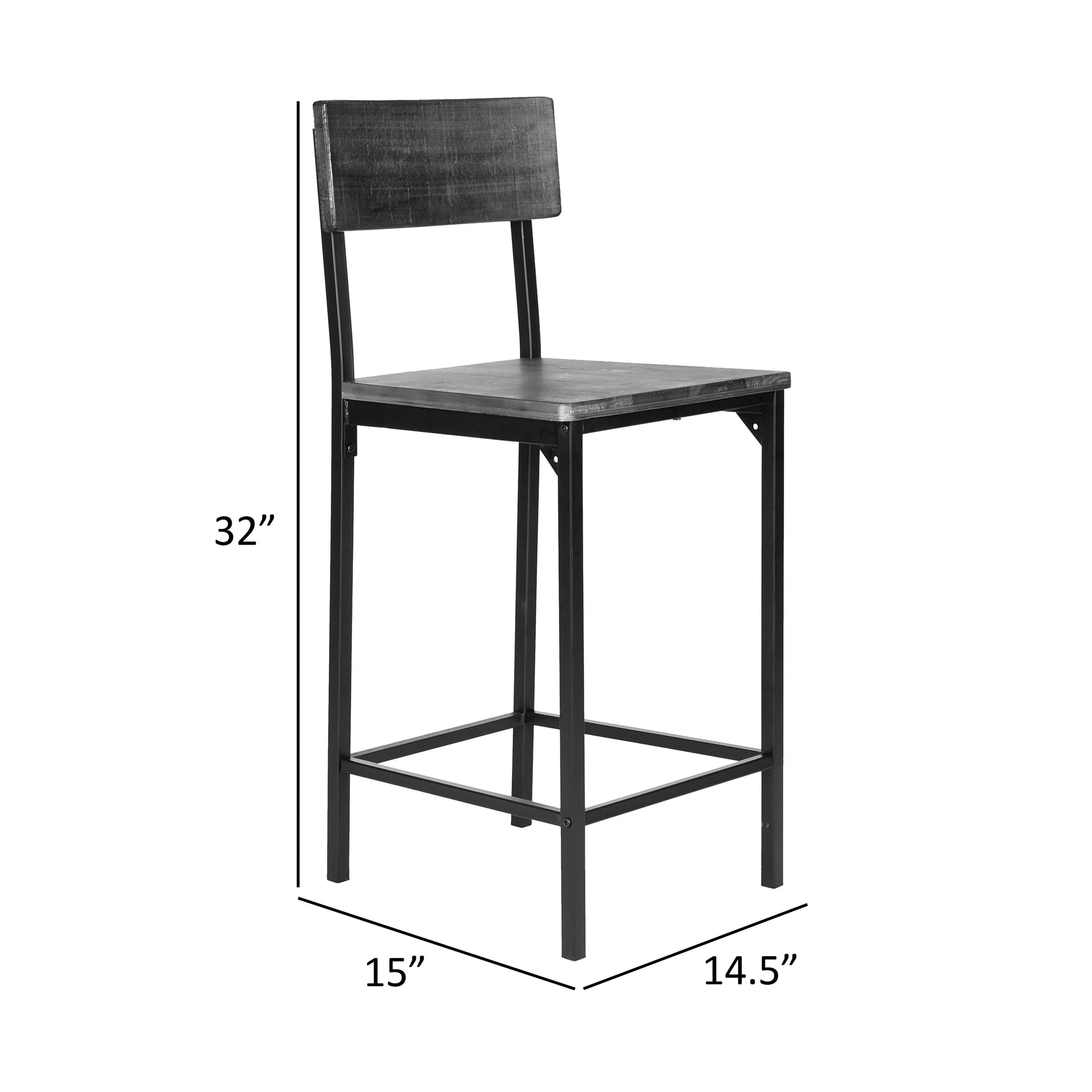 25 Inch Counter Stool Chairs, Set of 2, Brown Wood Seat & Back, Black Metal Legs By Casagear Home