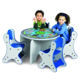 ANIMAL FAMILIES TABLE & 4 BLUE CHAIRS - SPECKLETONE FINISH