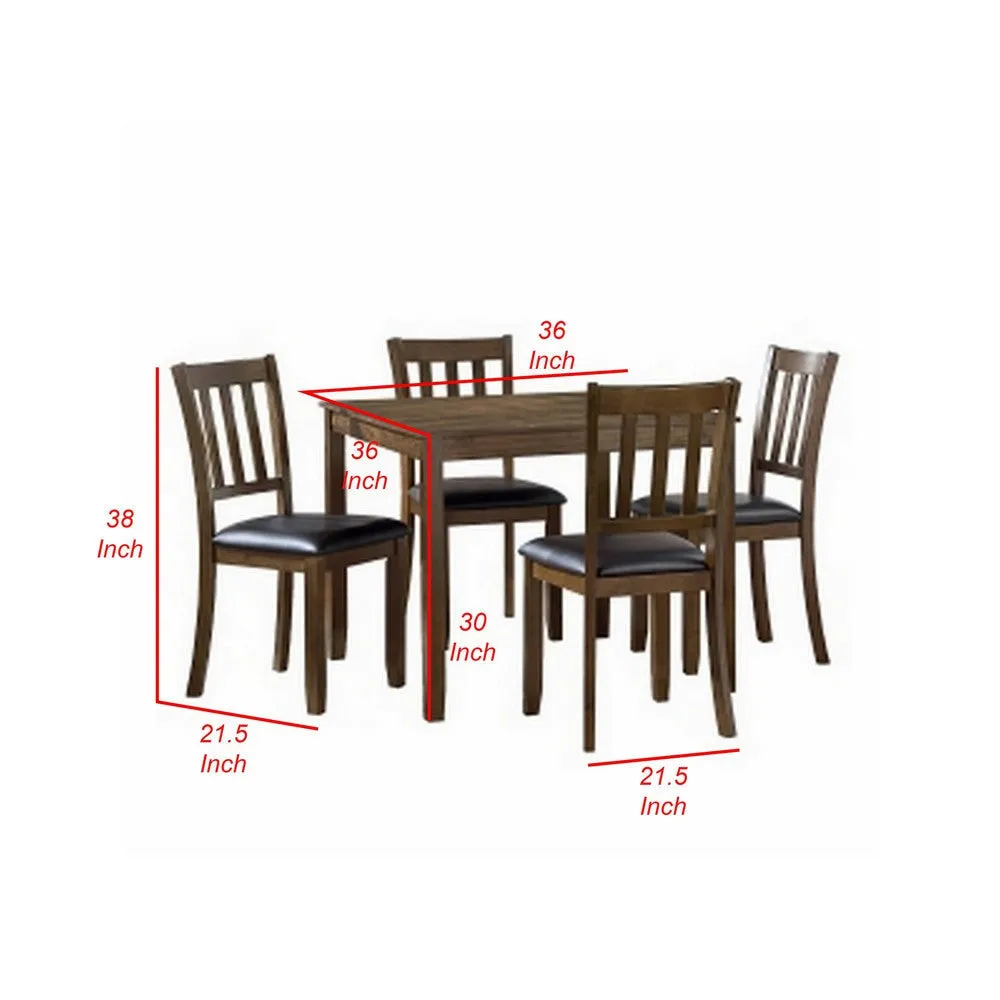 Austin 5pc Dining Set, Square Table, 4 Chairs, Faux Leather, Brown Wood By Casagear Home