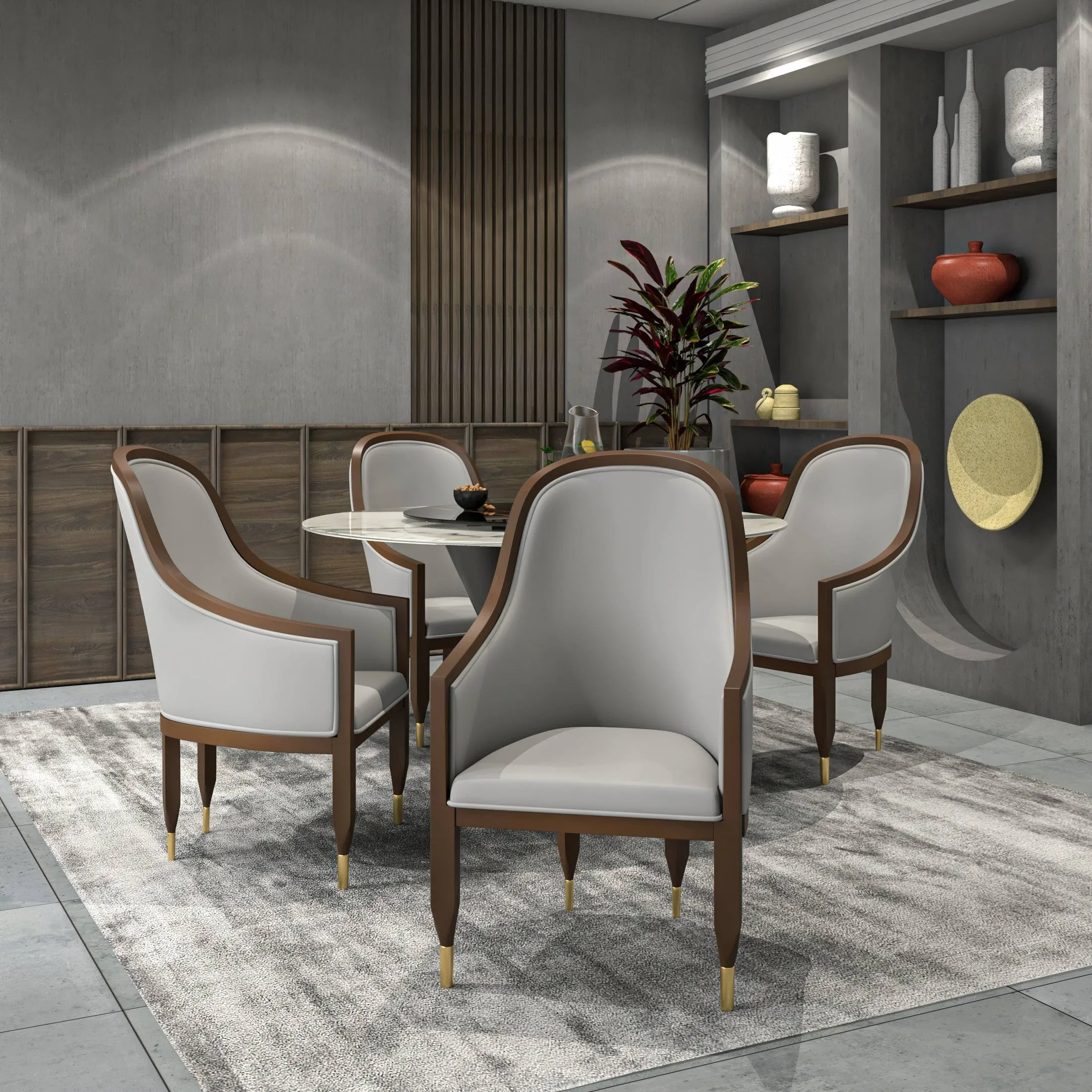 Belle Leather Dining Chair with Arms and Gold Metal Caps with Rubberwood Frame and Legs Set of 4