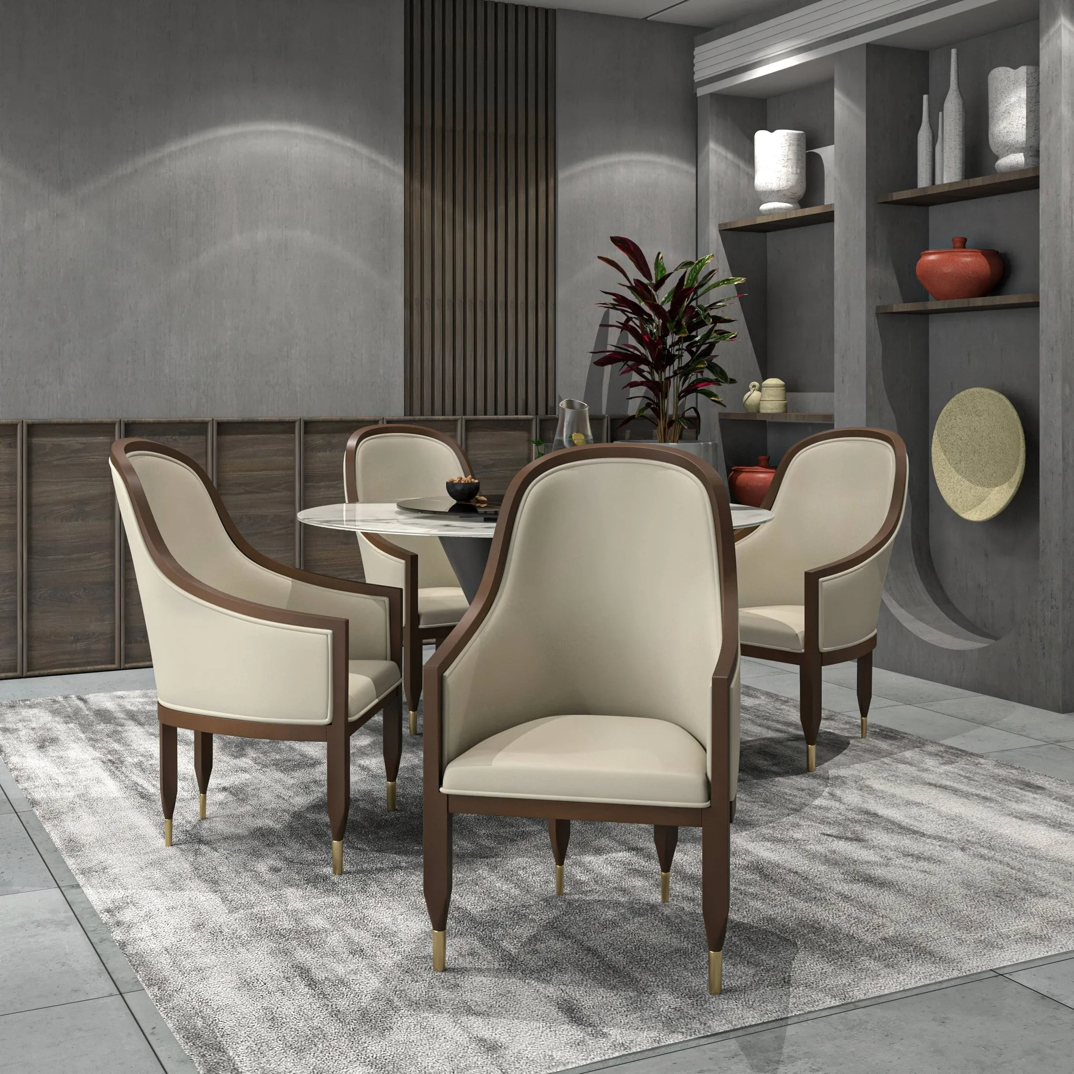 Belle Leather Dining Chair with Arms and Gold Metal Caps with Rubberwood Frame and Legs Set of 4