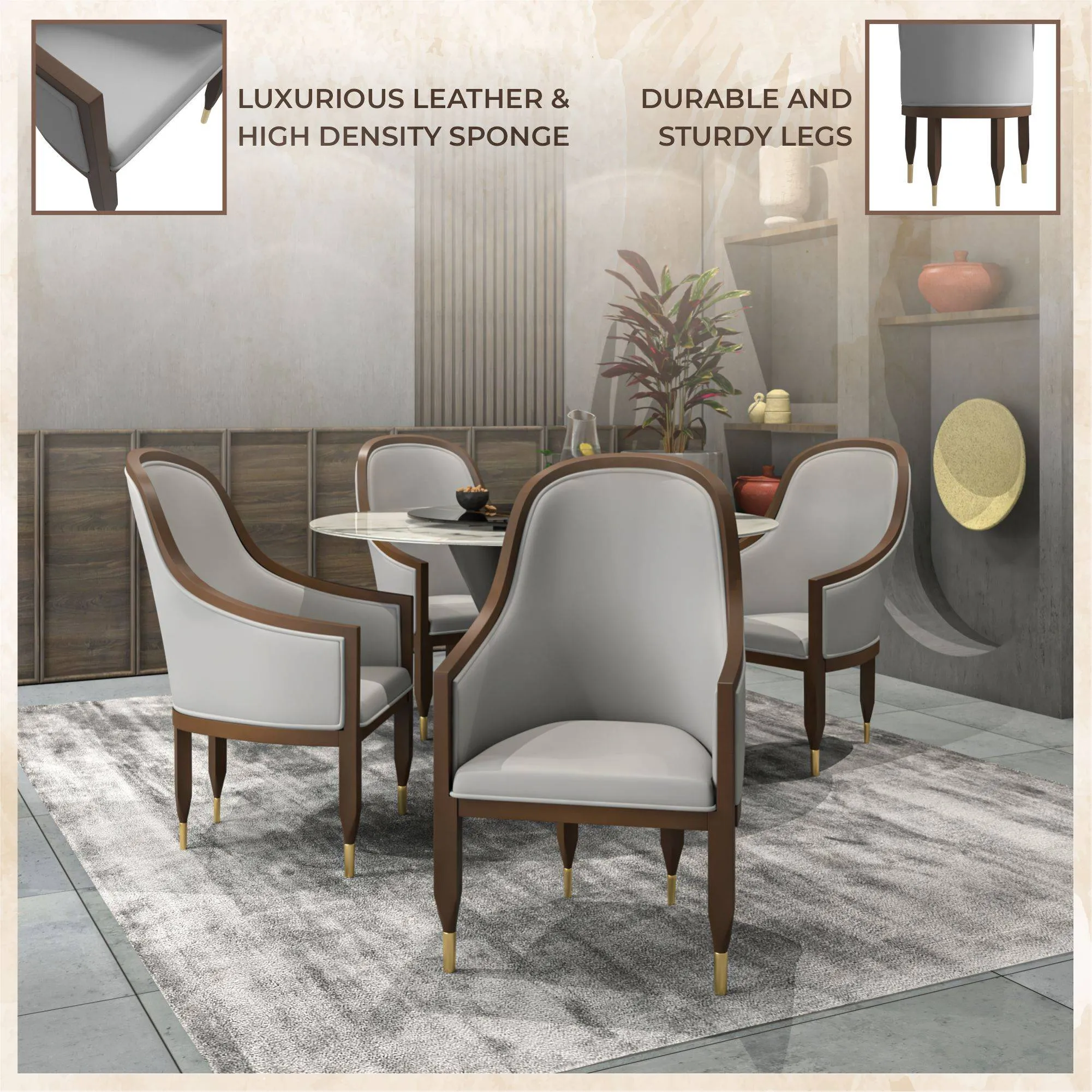 Belle Leather Dining Chair with Arms and Gold Metal Caps with Rubberwood Frame and Legs Set of 4