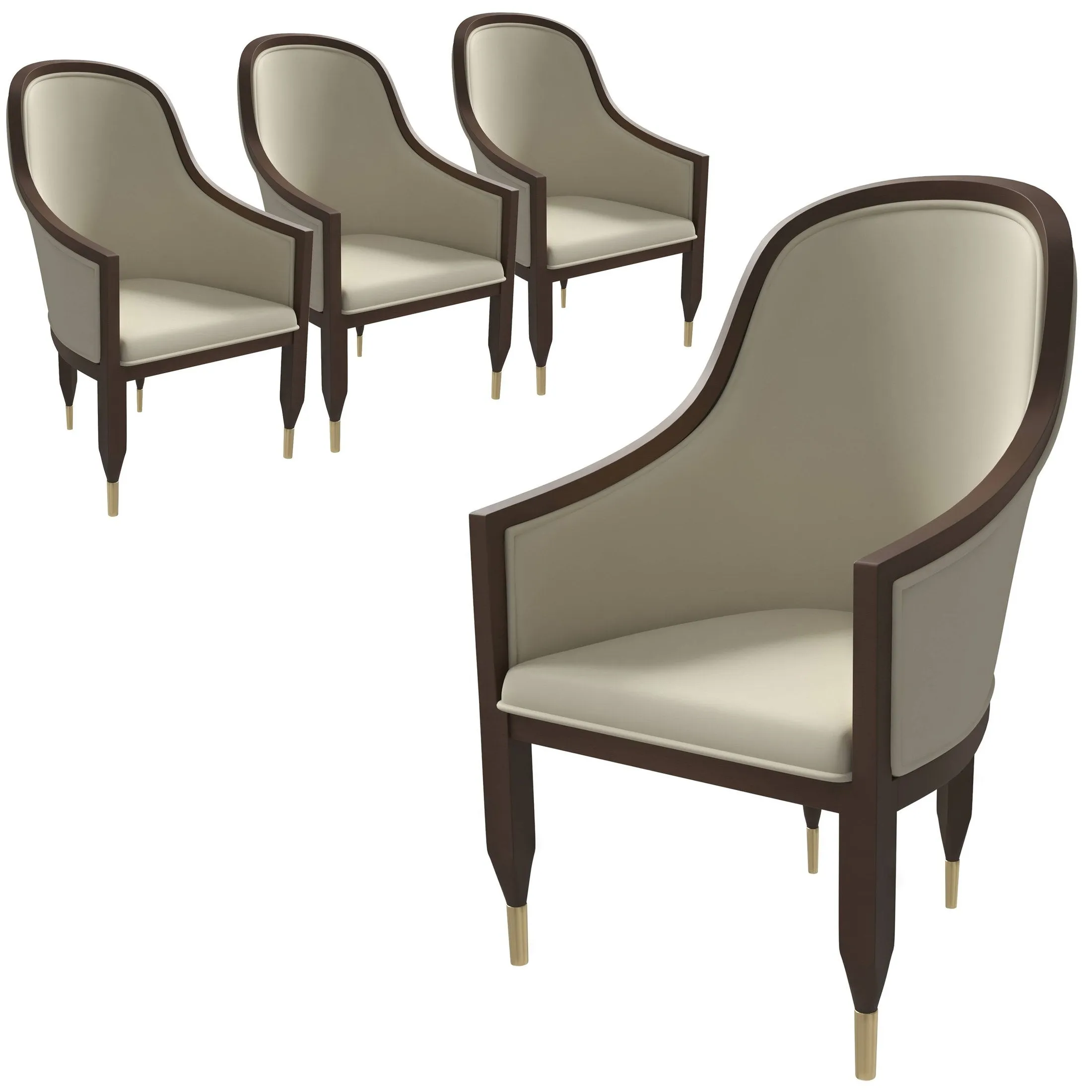 Belle Leather Dining Chair with Arms and Gold Metal Caps with Rubberwood Frame and Legs Set of 4