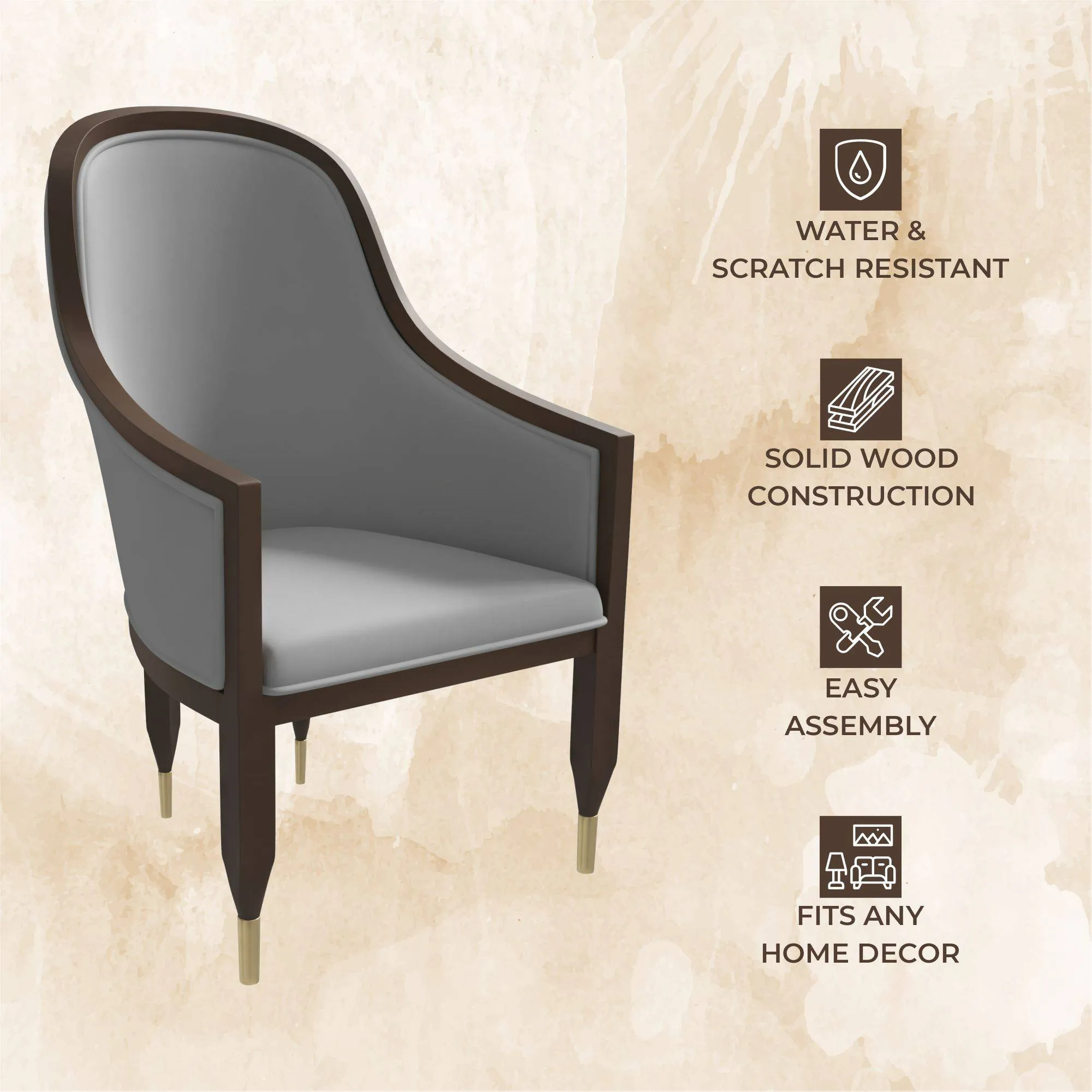 Belle Leather Dining Chair with Arms and Gold Metal Caps with Rubberwood Frame and Legs Set of 4