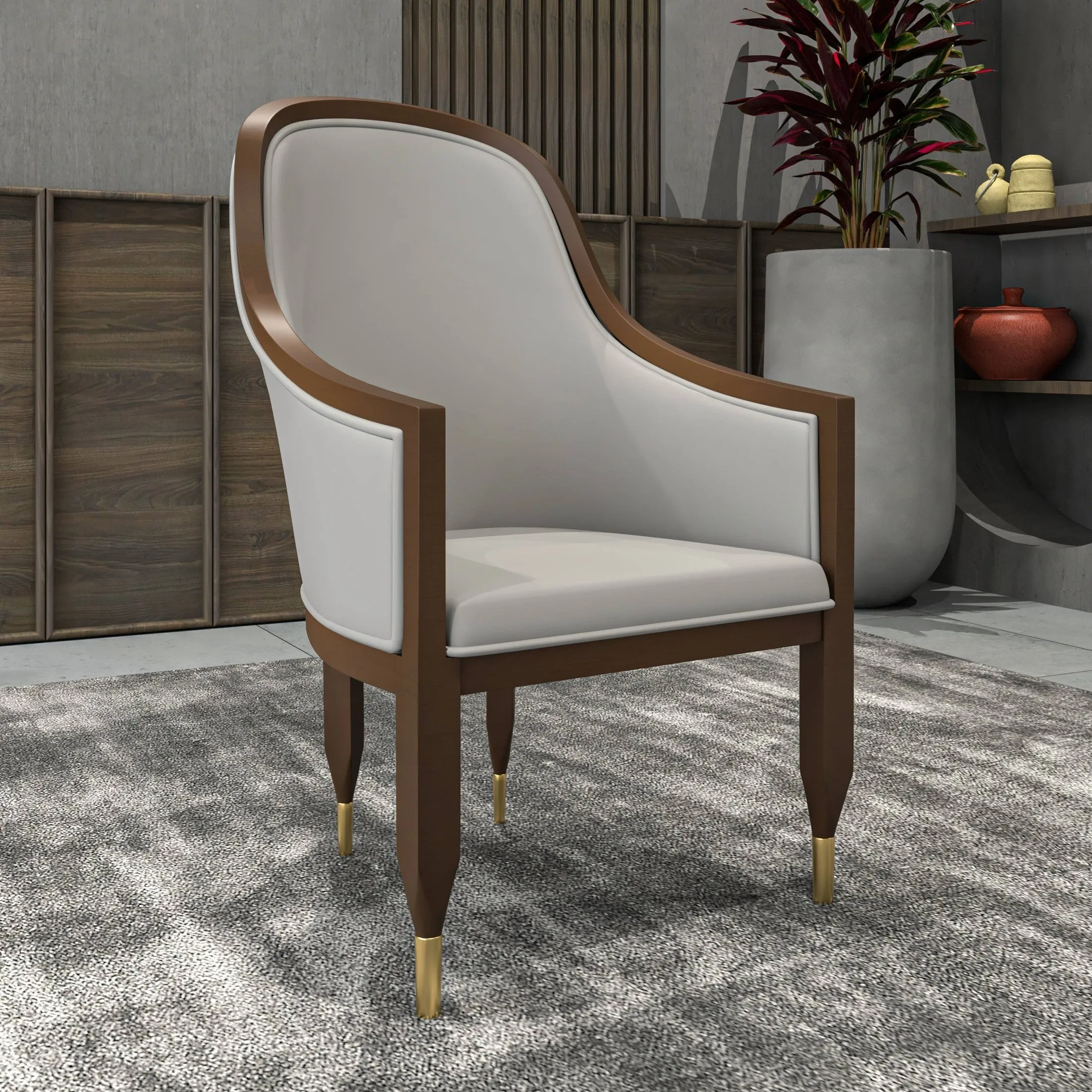 Belle Leather Dining Chair with Arms and Gold Metal Caps with Rubberwood Frame and Legs Set of 4