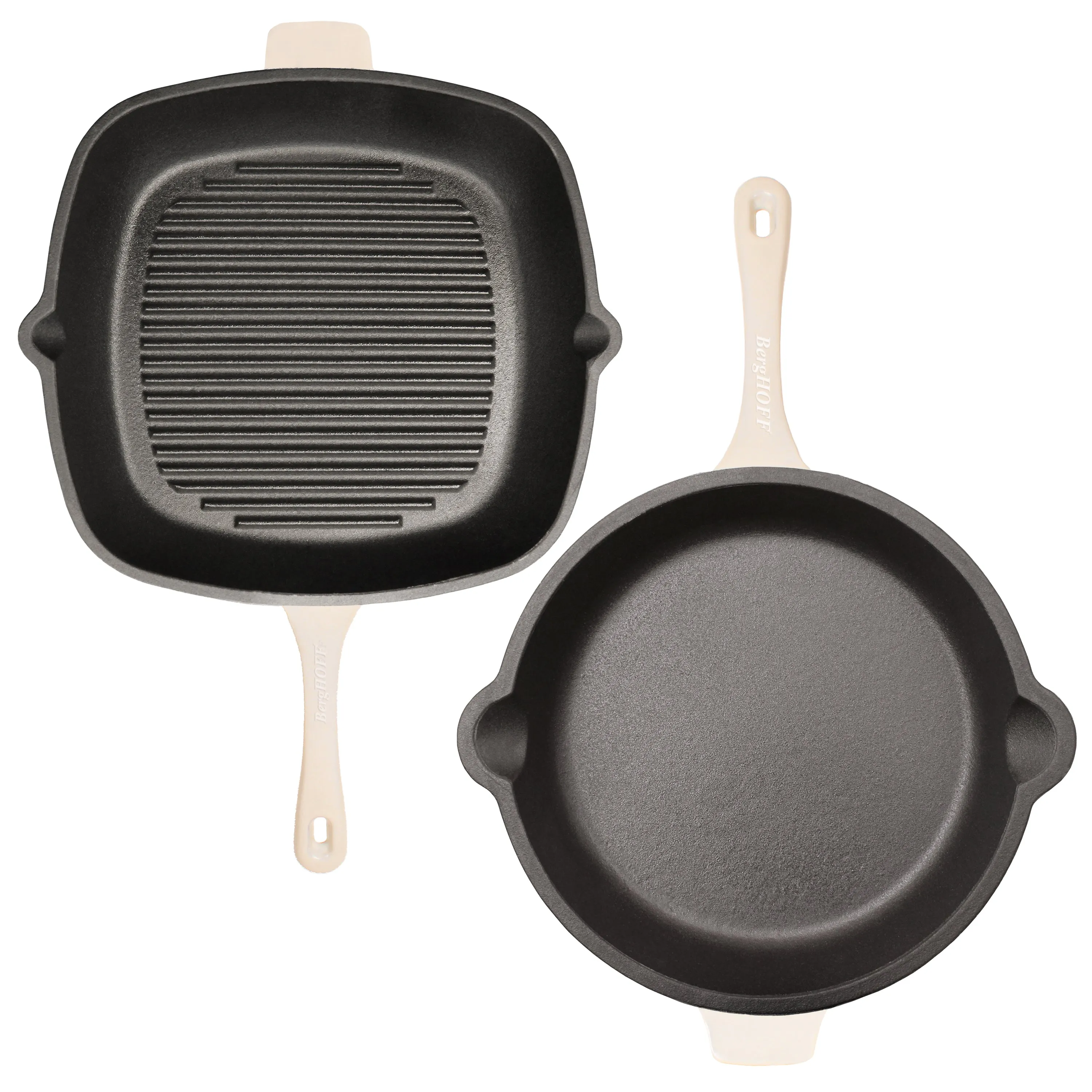 BergHOFF Neo 4pc Cast Iron Cookware Set, Fry Pan, Grill Pan & Round Dutch Oven, Meringue