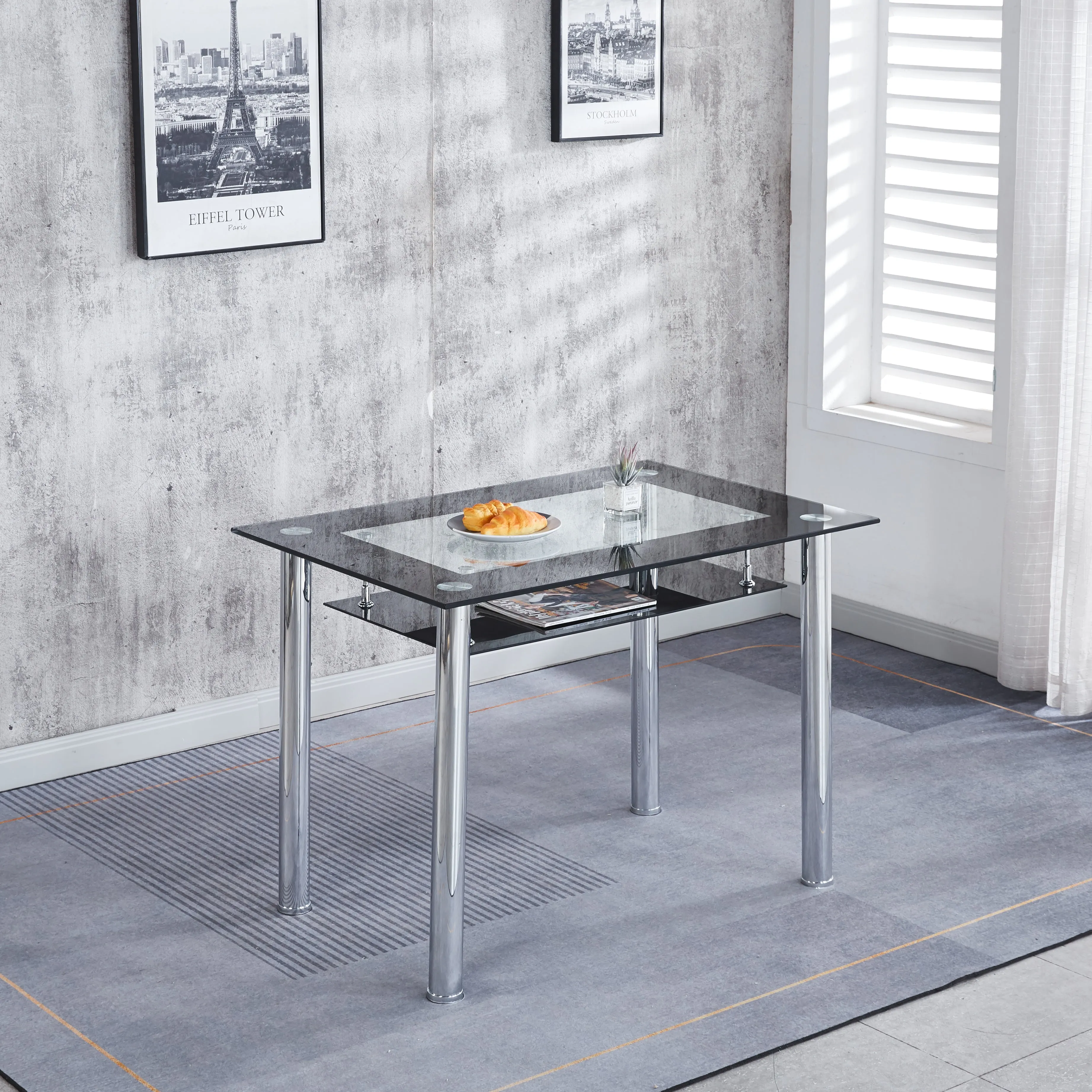 Compact Glass Dining Table with 4 Chairs, Sturdy Solid Chrome Frame