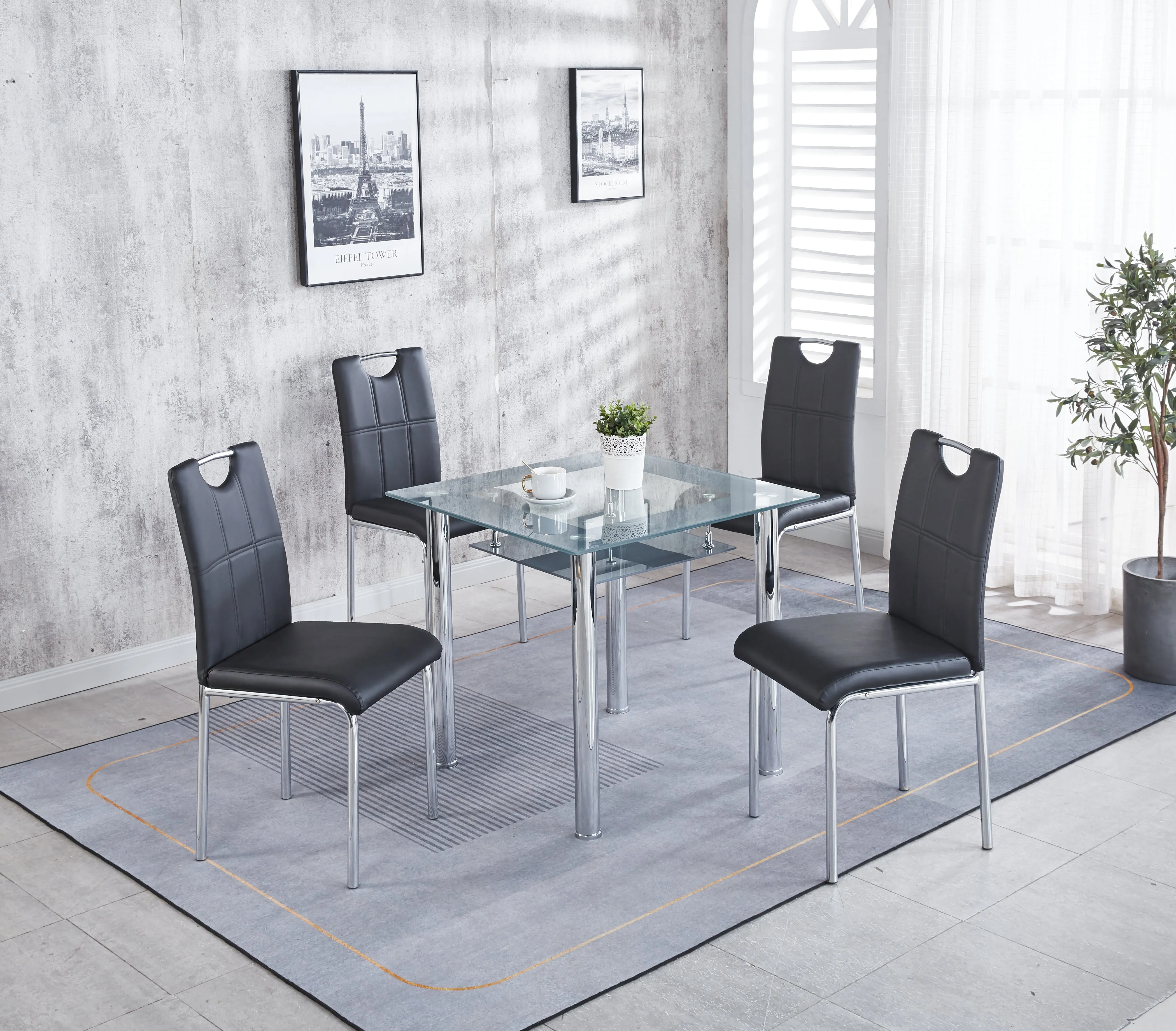 Compact Glass Dining Table with 4 Chairs, Sturdy Solid Chrome Frame