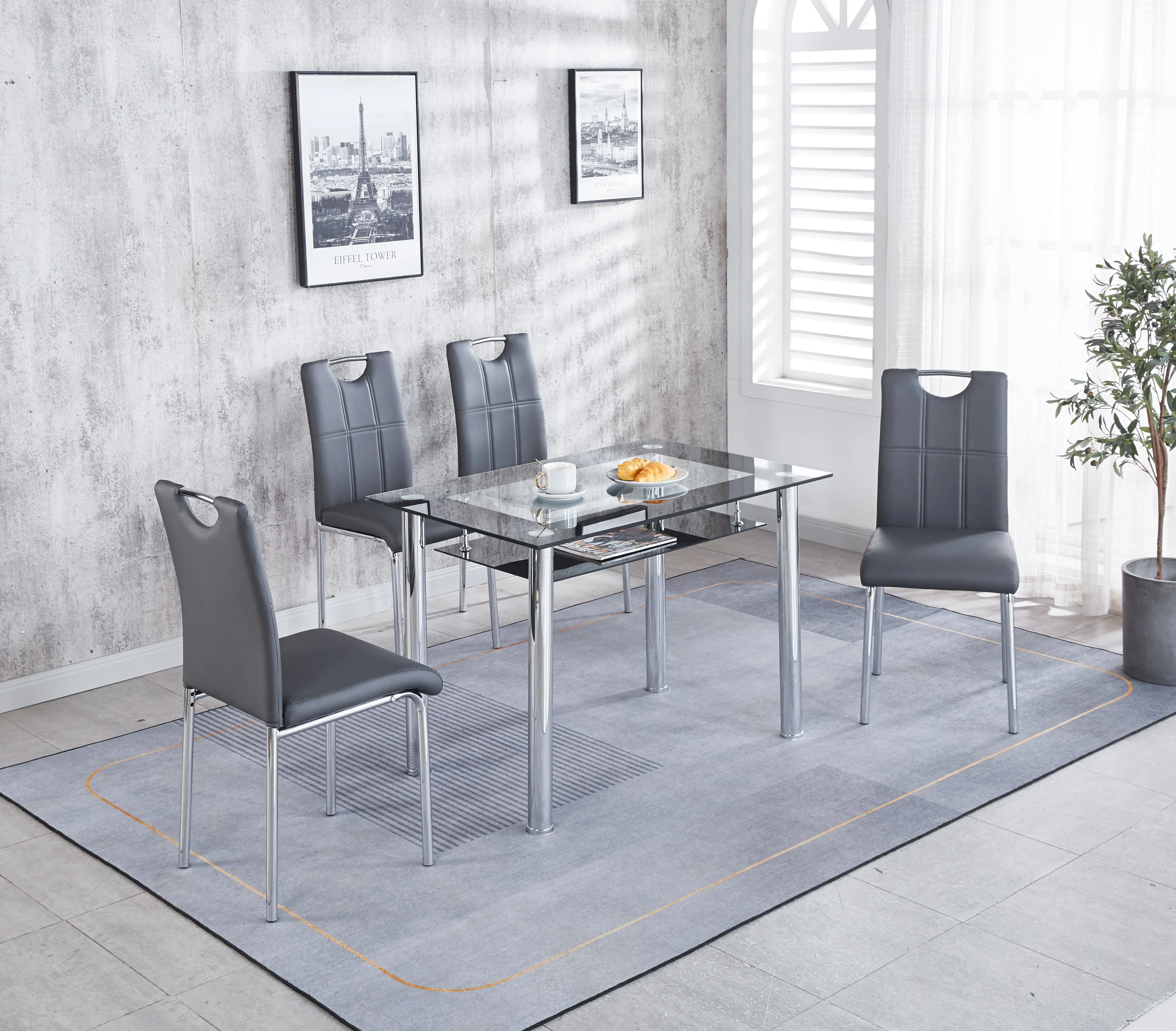 Compact Glass Dining Table with 4 Chairs, Sturdy Solid Chrome Frame