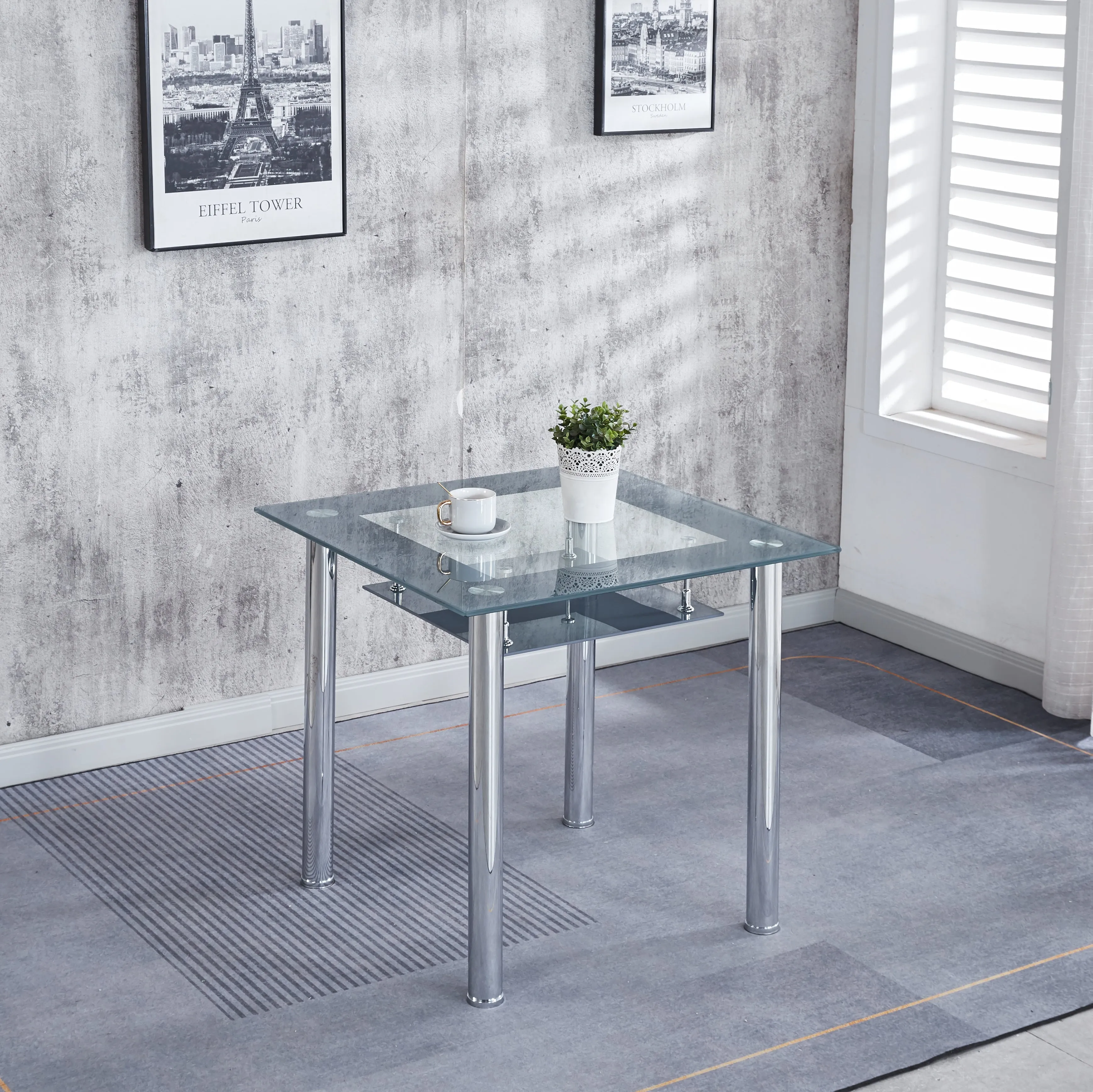 Compact Glass Dining Table with 4 Chairs, Sturdy Solid Chrome Frame