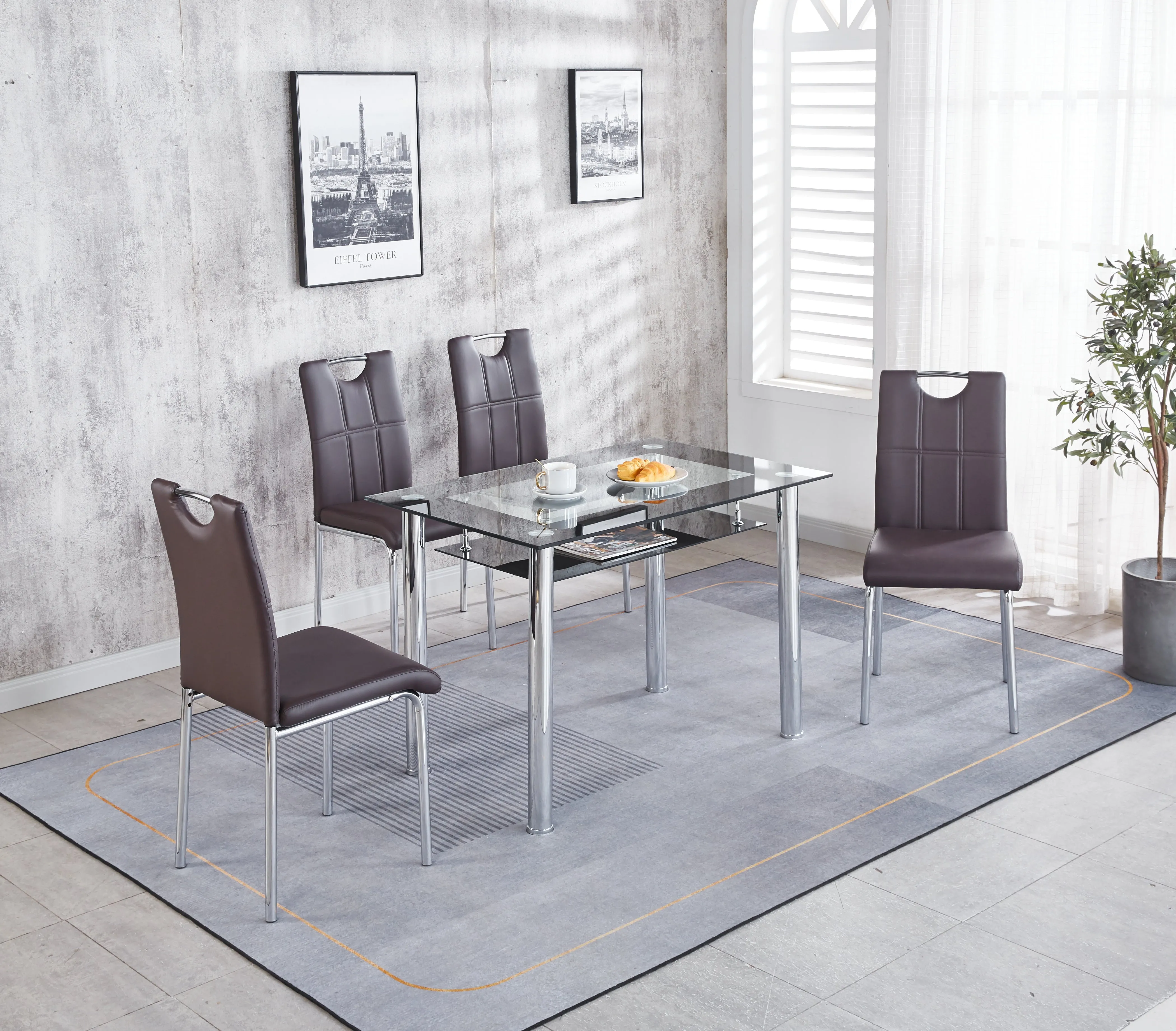 Compact Glass Dining Table with 4 Chairs, Sturdy Solid Chrome Frame