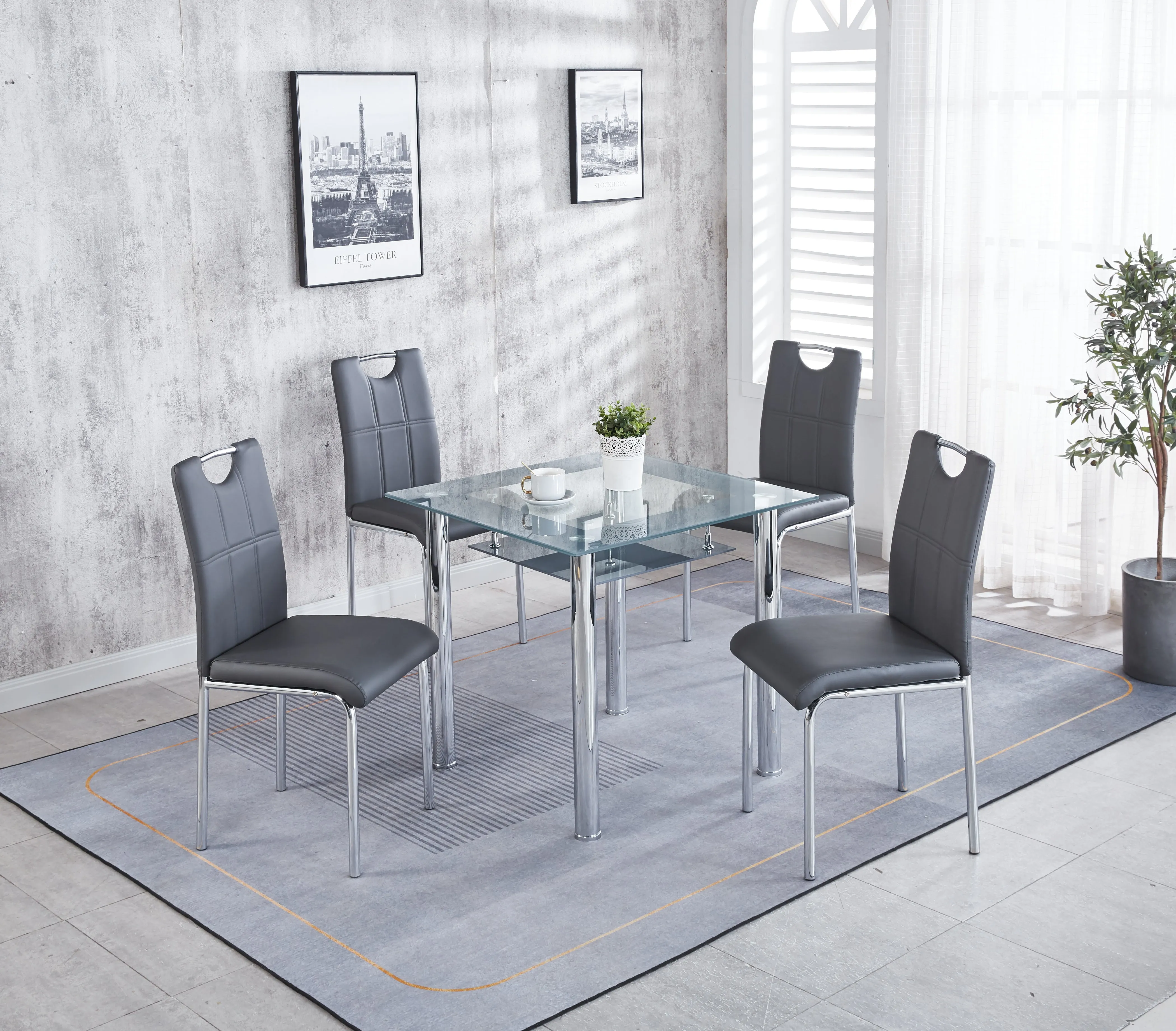Compact Glass Dining Table with 4 Chairs, Sturdy Solid Chrome Frame