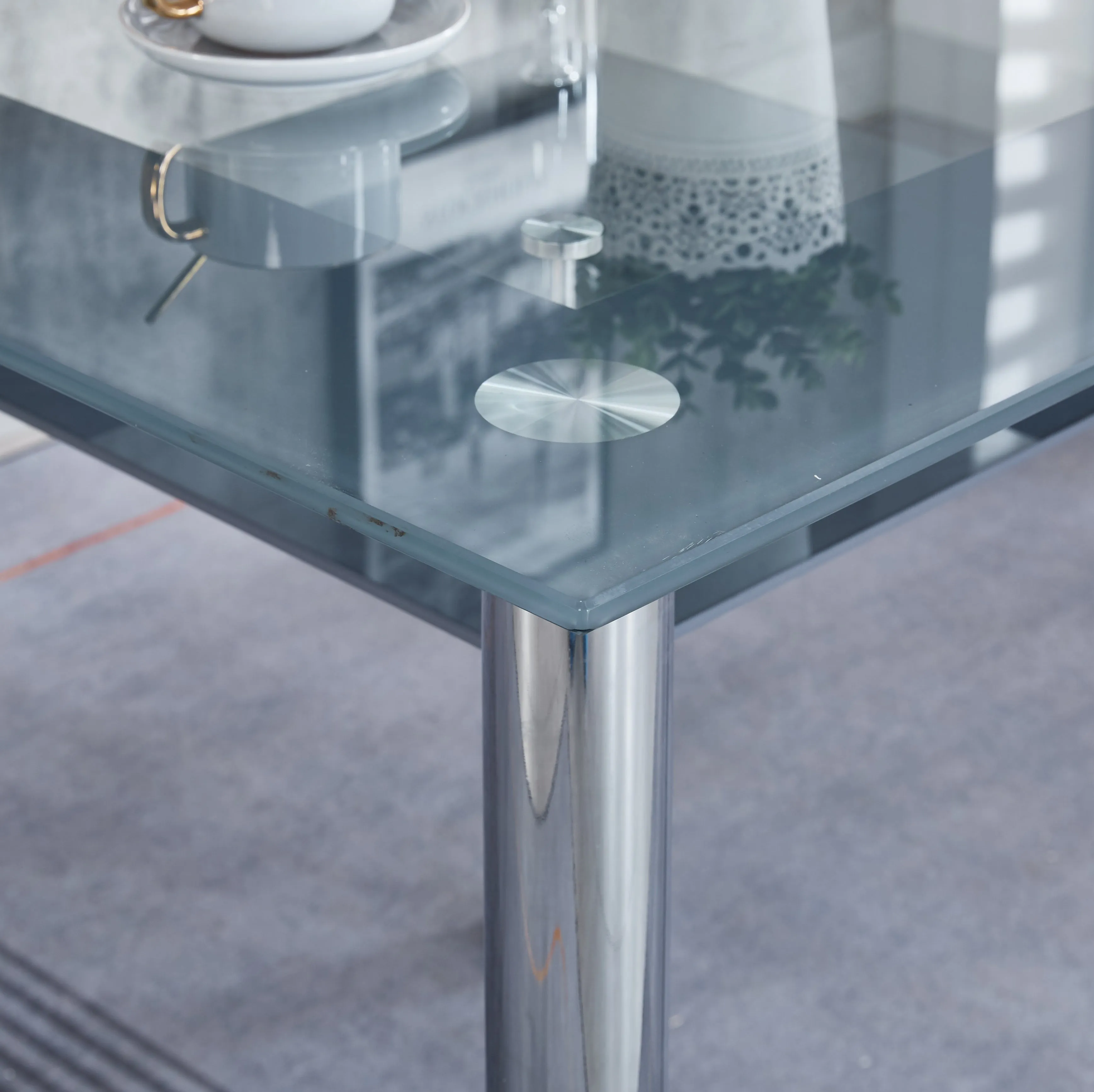 Compact Glass Dining Table with 4 Chairs, Sturdy Solid Chrome Frame