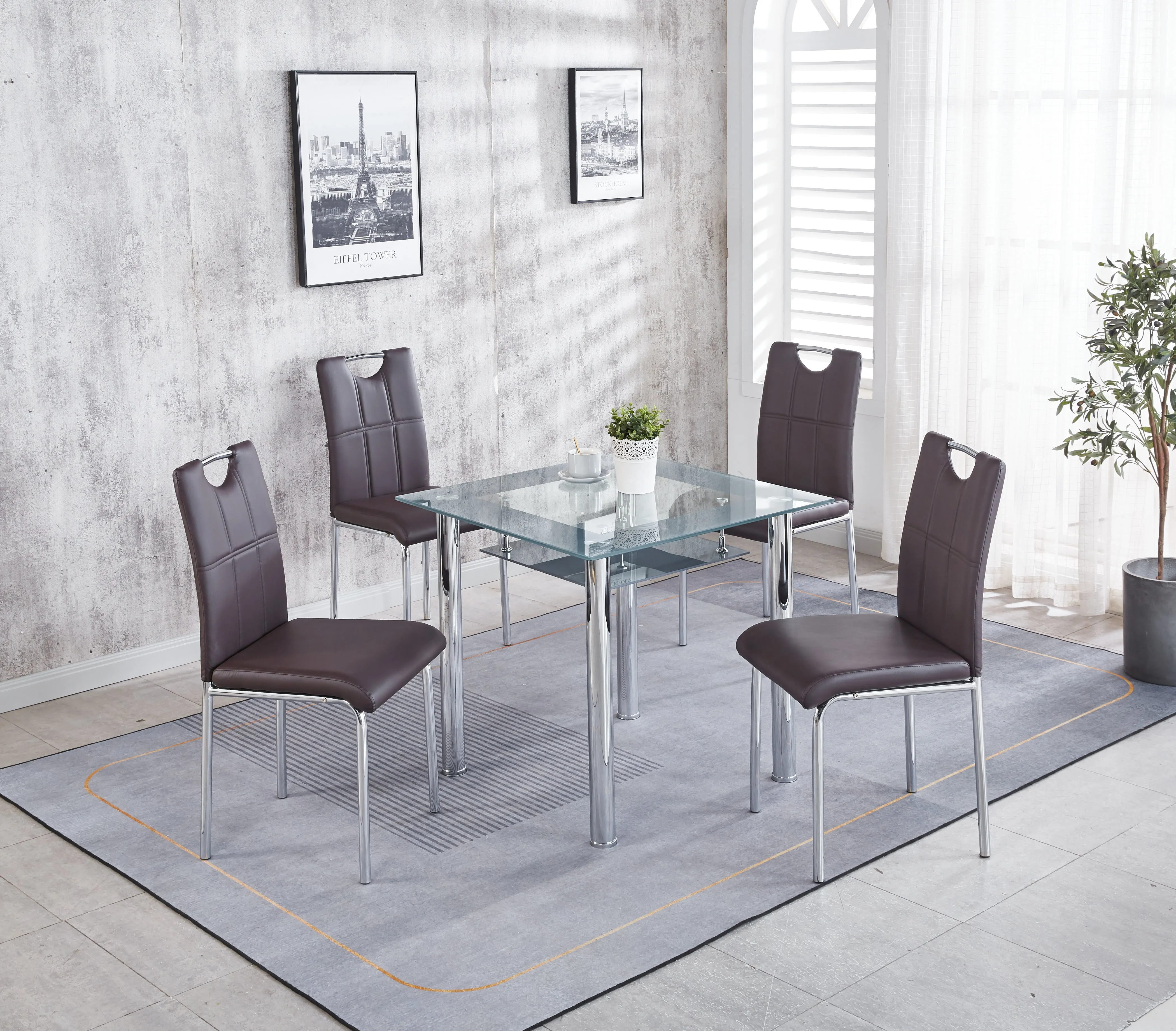 Compact Glass Dining Table with 4 Chairs, Sturdy Solid Chrome Frame