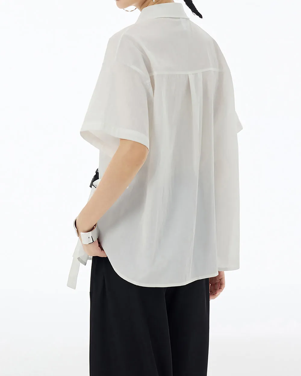 ellazhu Women's Shirt Button Down Short Sleeve Patchwork Buckle Lapel Solid Oversize Loose Summer GE04