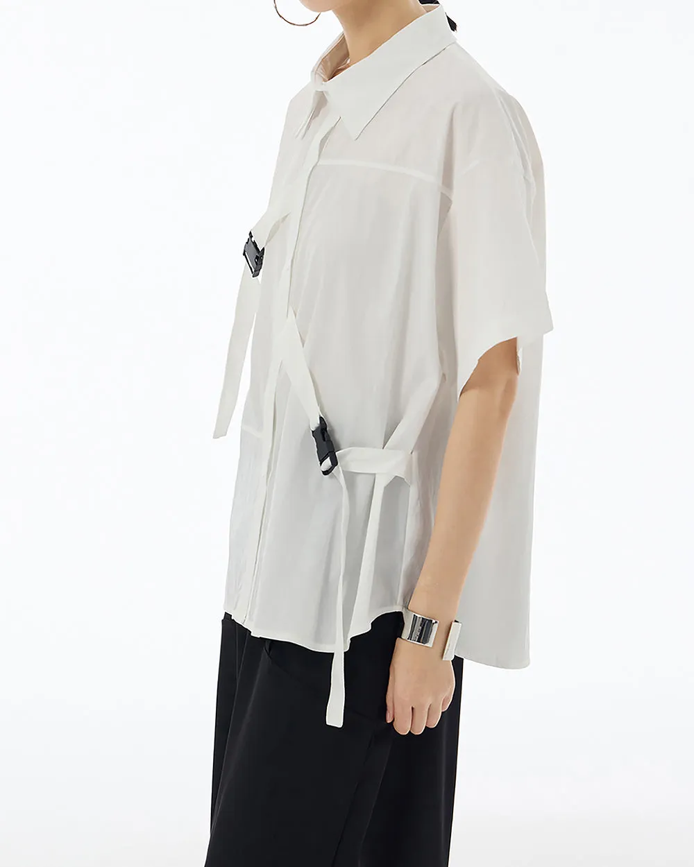 ellazhu Women's Shirt Button Down Short Sleeve Patchwork Buckle Lapel Solid Oversize Loose Summer GE04