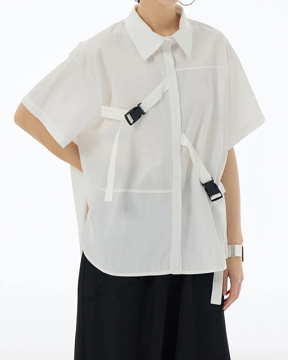 ellazhu Women's Shirt Button Down Short Sleeve Patchwork Buckle Lapel Solid Oversize Loose Summer GE04