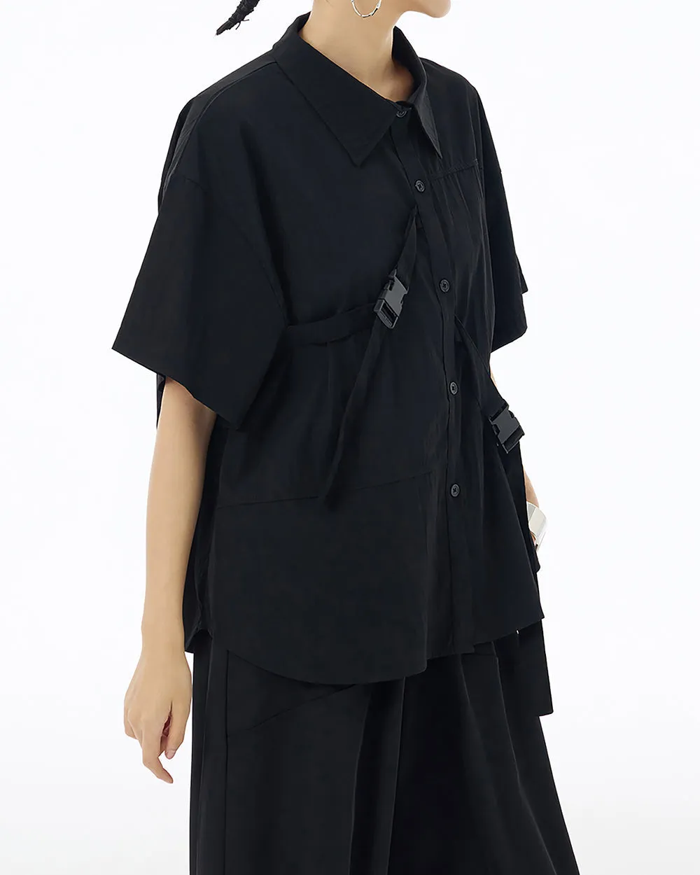 ellazhu Women's Shirt Button Down Short Sleeve Patchwork Buckle Lapel Solid Oversize Loose Summer GE04