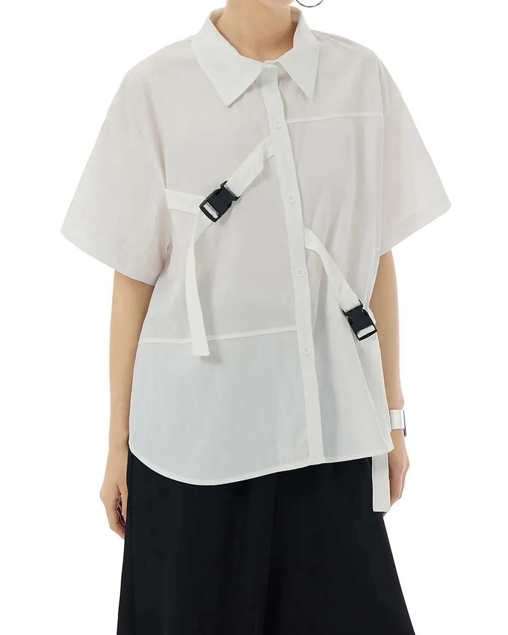 ellazhu Women's Shirt Button Down Short Sleeve Patchwork Buckle Lapel Solid Oversize Loose Summer GE04
