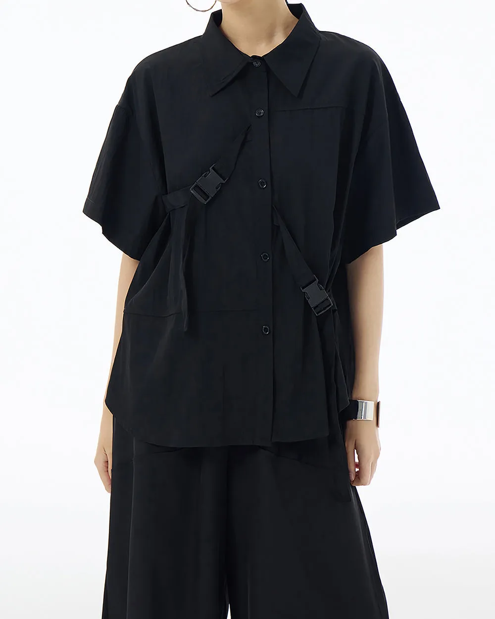 ellazhu Women's Shirt Button Down Short Sleeve Patchwork Buckle Lapel Solid Oversize Loose Summer GE04