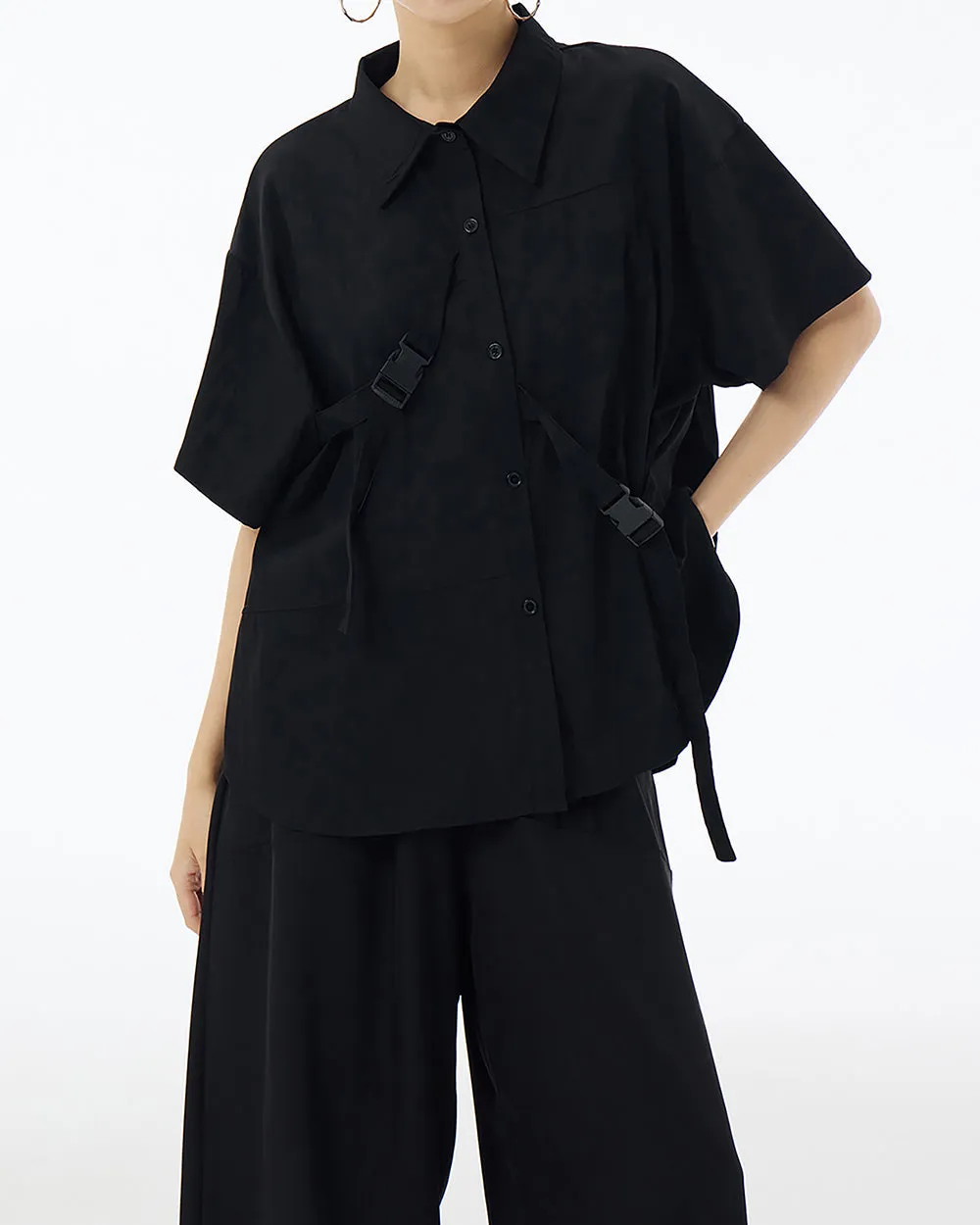ellazhu Women's Shirt Button Down Short Sleeve Patchwork Buckle Lapel Solid Oversize Loose Summer GE04
