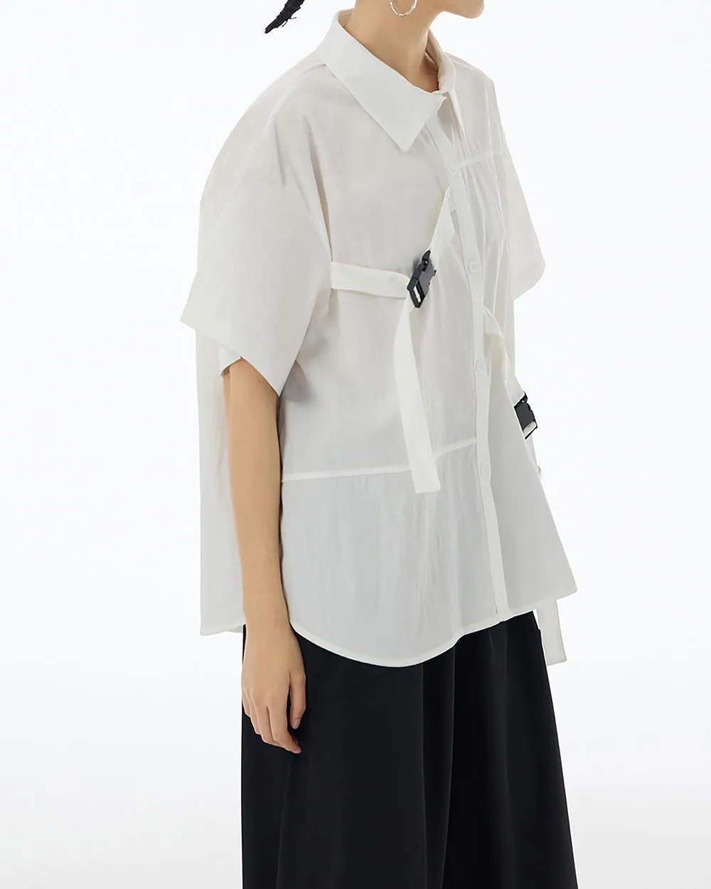 ellazhu Women's Shirt Button Down Short Sleeve Patchwork Buckle Lapel Solid Oversize Loose Summer GE04