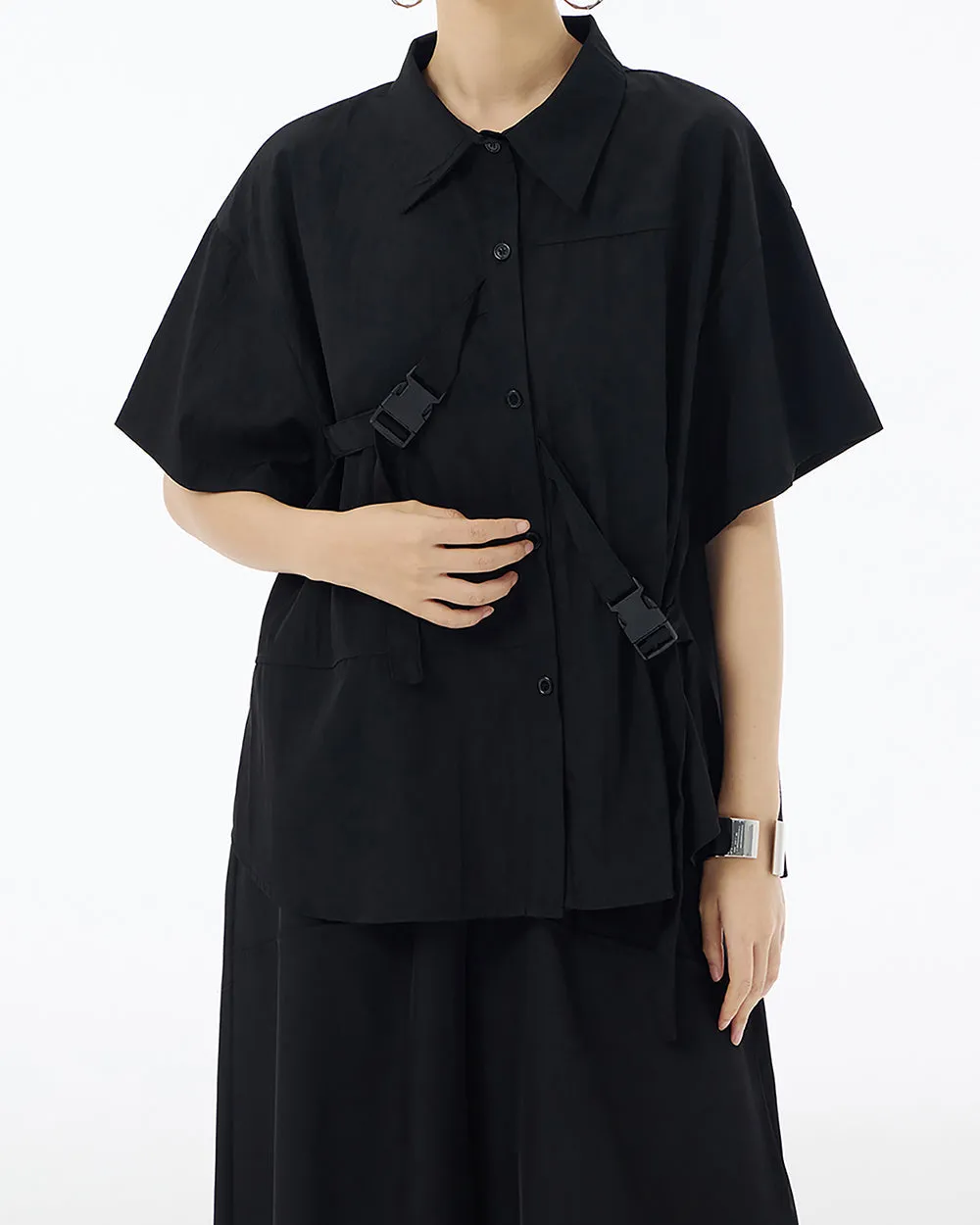 ellazhu Women's Shirt Button Down Short Sleeve Patchwork Buckle Lapel Solid Oversize Loose Summer GE04