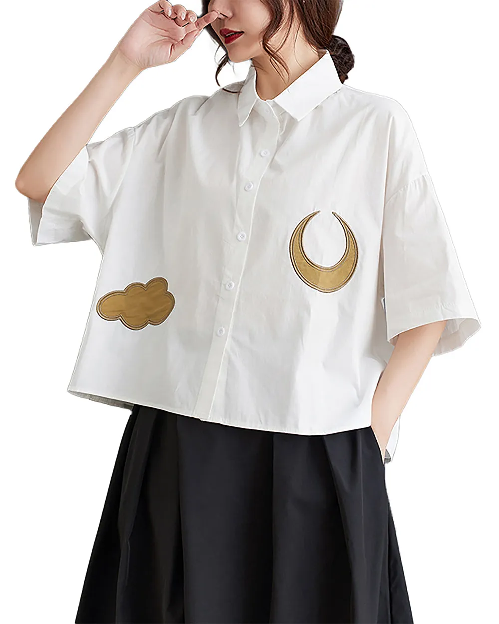ellazhu Women's Shirt Lapel Button Down Moon Pattern Half Sleeve Loose Oversize Blouse Fall GZ250