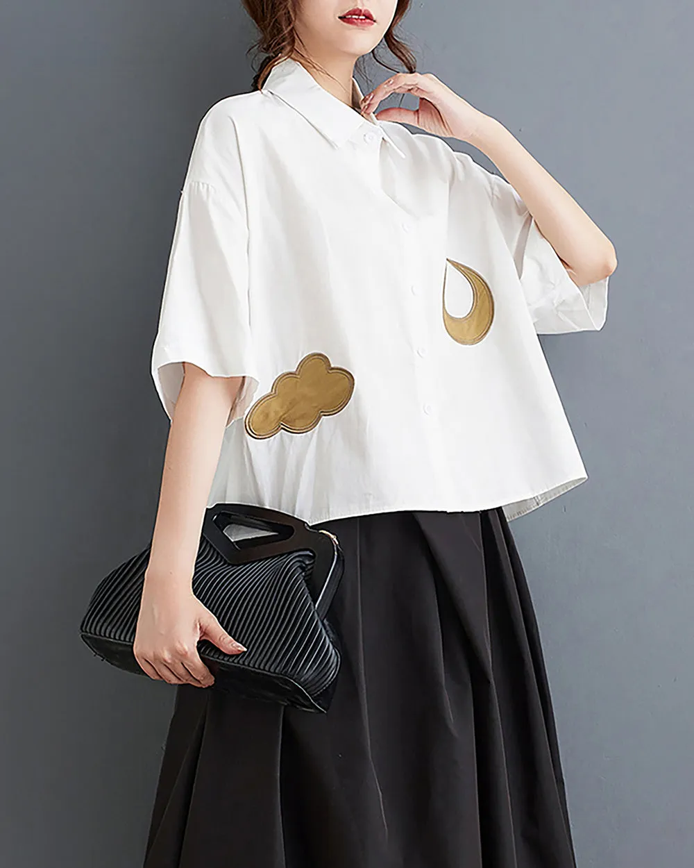 ellazhu Women's Shirt Lapel Button Down Moon Pattern Half Sleeve Loose Oversize Blouse Fall GZ250