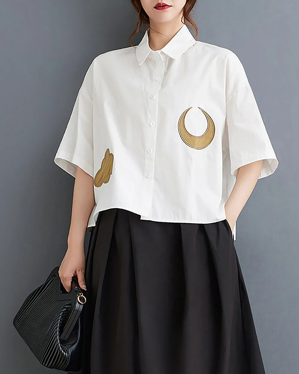 ellazhu Women's Shirt Lapel Button Down Moon Pattern Half Sleeve Loose Oversize Blouse Fall GZ250