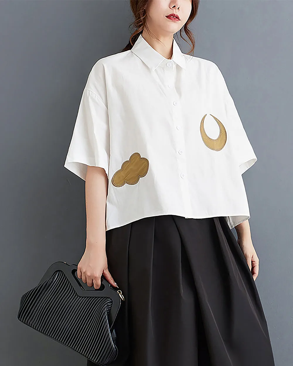ellazhu Women's Shirt Lapel Button Down Moon Pattern Half Sleeve Loose Oversize Blouse Fall GZ250