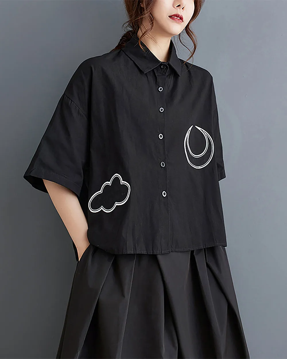 ellazhu Women's Shirt Lapel Button Down Moon Pattern Half Sleeve Loose Oversize Blouse Fall GZ250