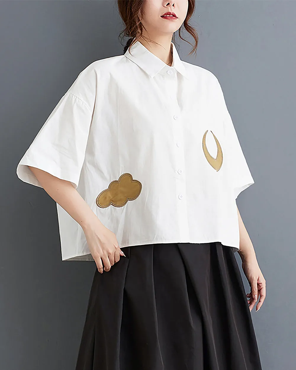 ellazhu Women's Shirt Lapel Button Down Moon Pattern Half Sleeve Loose Oversize Blouse Fall GZ250