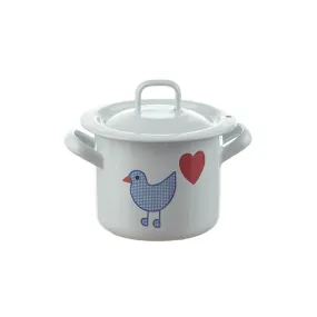 Enamel Children's Low Pot with Lid Heart Bird
