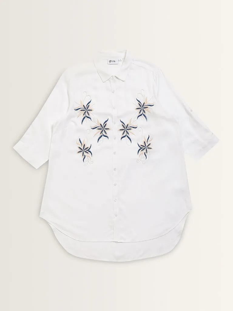 Gia White Floral Embroidered Cotton High-Low Shirt