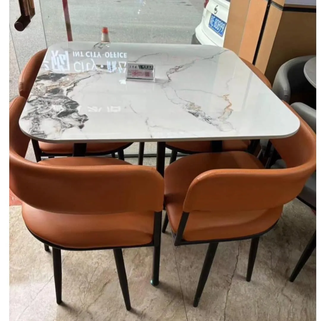 Modern Marble-Top Dining Table with Leather Chairs
