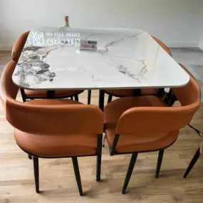 Modern Marble-Top Dining Table with Leather Chairs