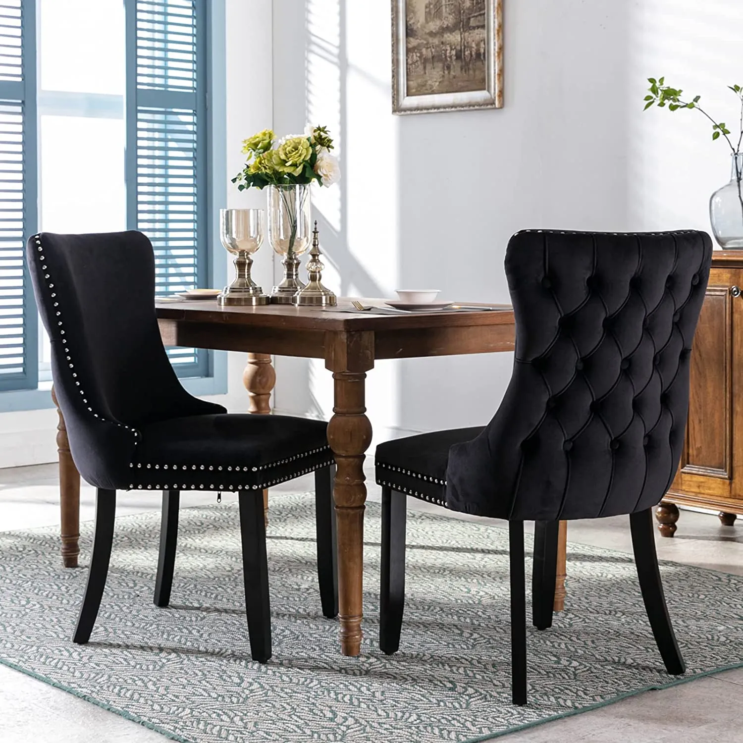 Velvet Upholstered Dining Chair Set of 2,Button Tufted Wingback