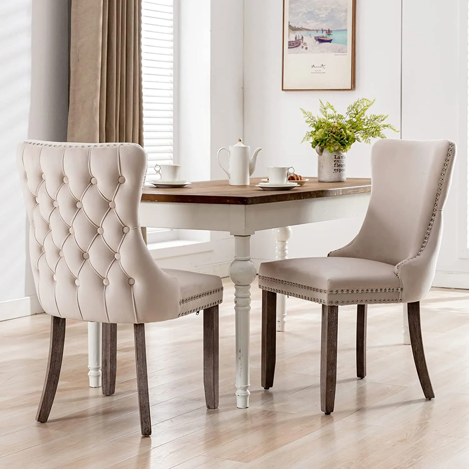 Velvet Upholstered Dining Chair Set of 2,Button Tufted Wingback