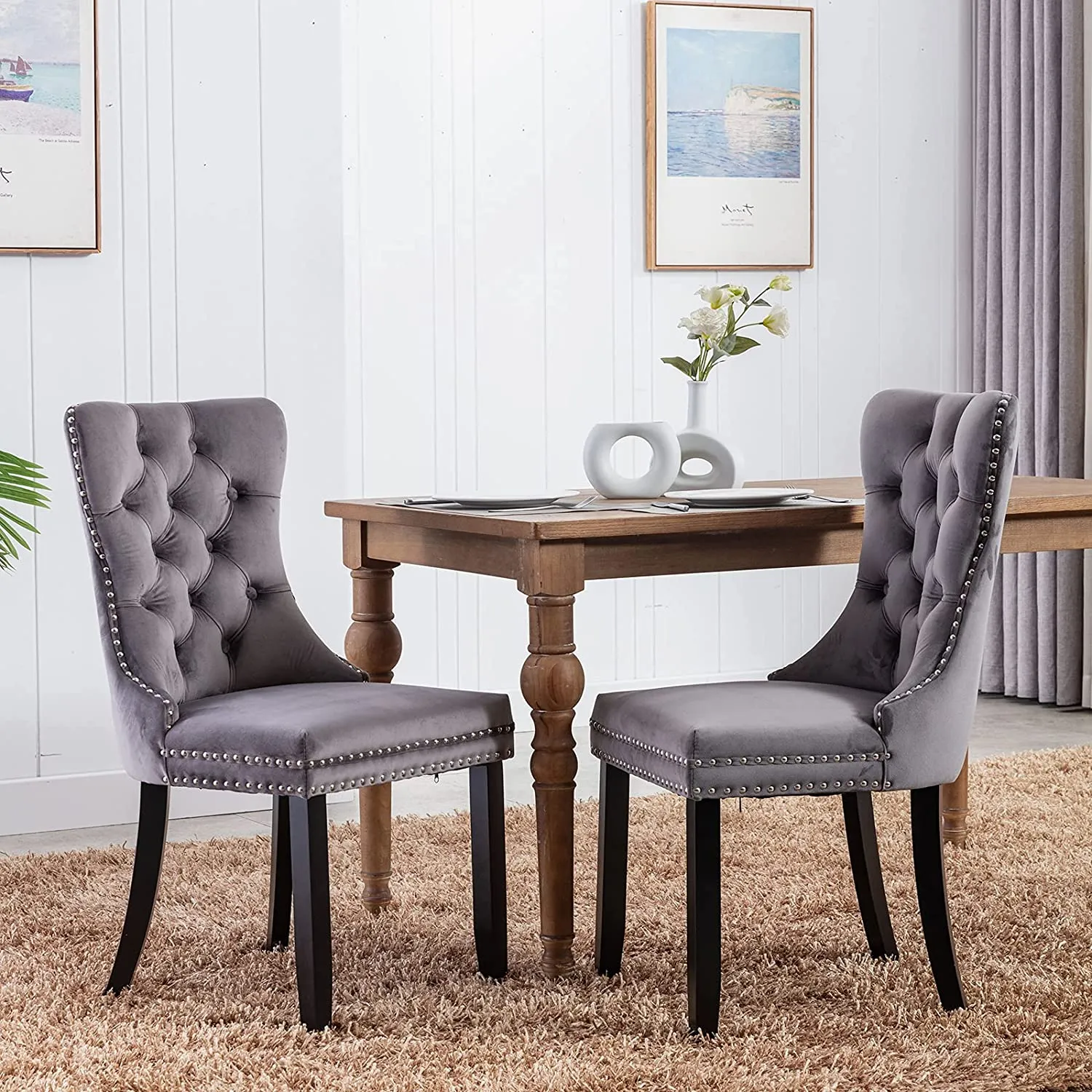 Velvet Upholstered Dining Chair Set of 2,Button Tufted Wingback