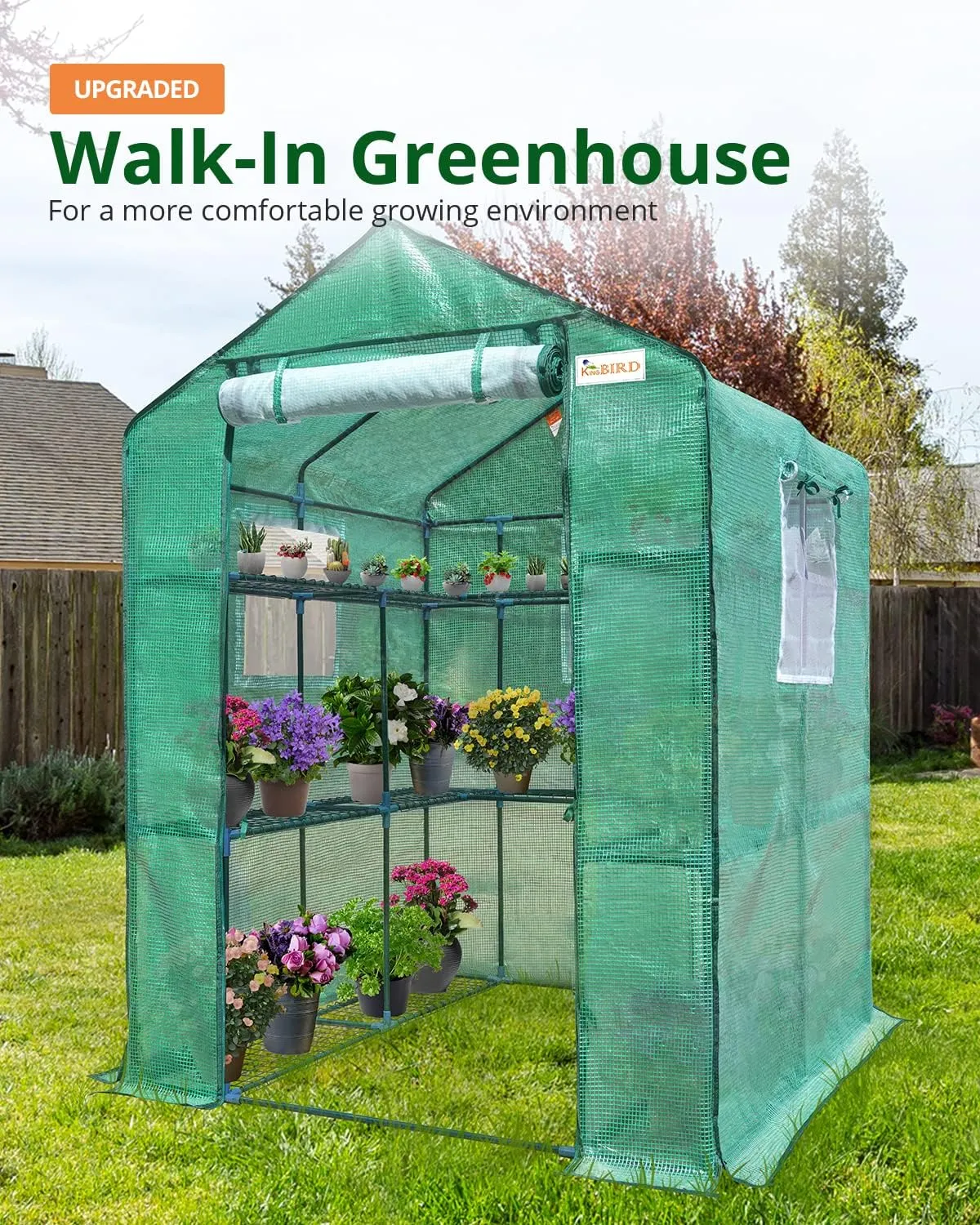 Walk-in Greenhouse for Outdoors, Thickened PE Cover & Heavy Duty Powder-Coated Steel, w/ Zippered Mesh Door & Screen Windows